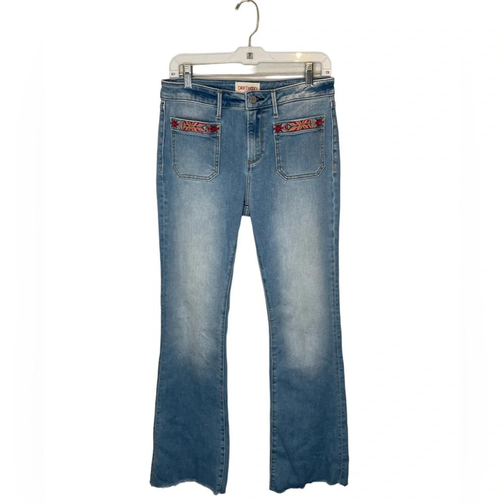 Driftwood Isabel Embroidered Jeans Light Wash Flare Raw Hem Boho-Chic Size 28